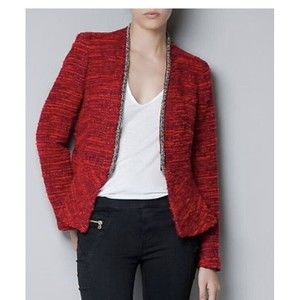 ZARA BLAZER FANTASY BOUCLE RED METALLIC TRIM JACKET COAT SIZE-MEDIUM